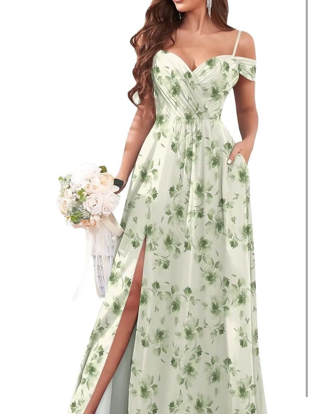 Floral Off-Shoulder Cream and Green Wedding Maxi Dress